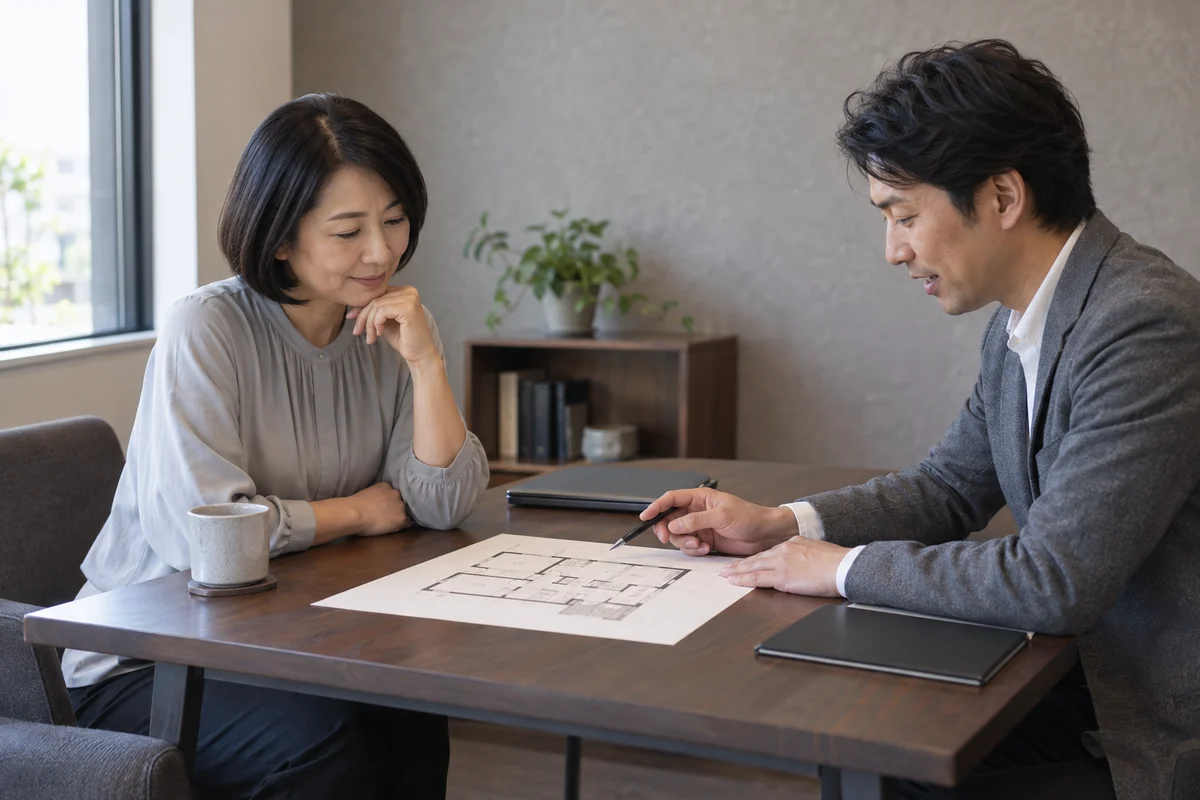 図面を使って募集条件を確認する日本人の男女