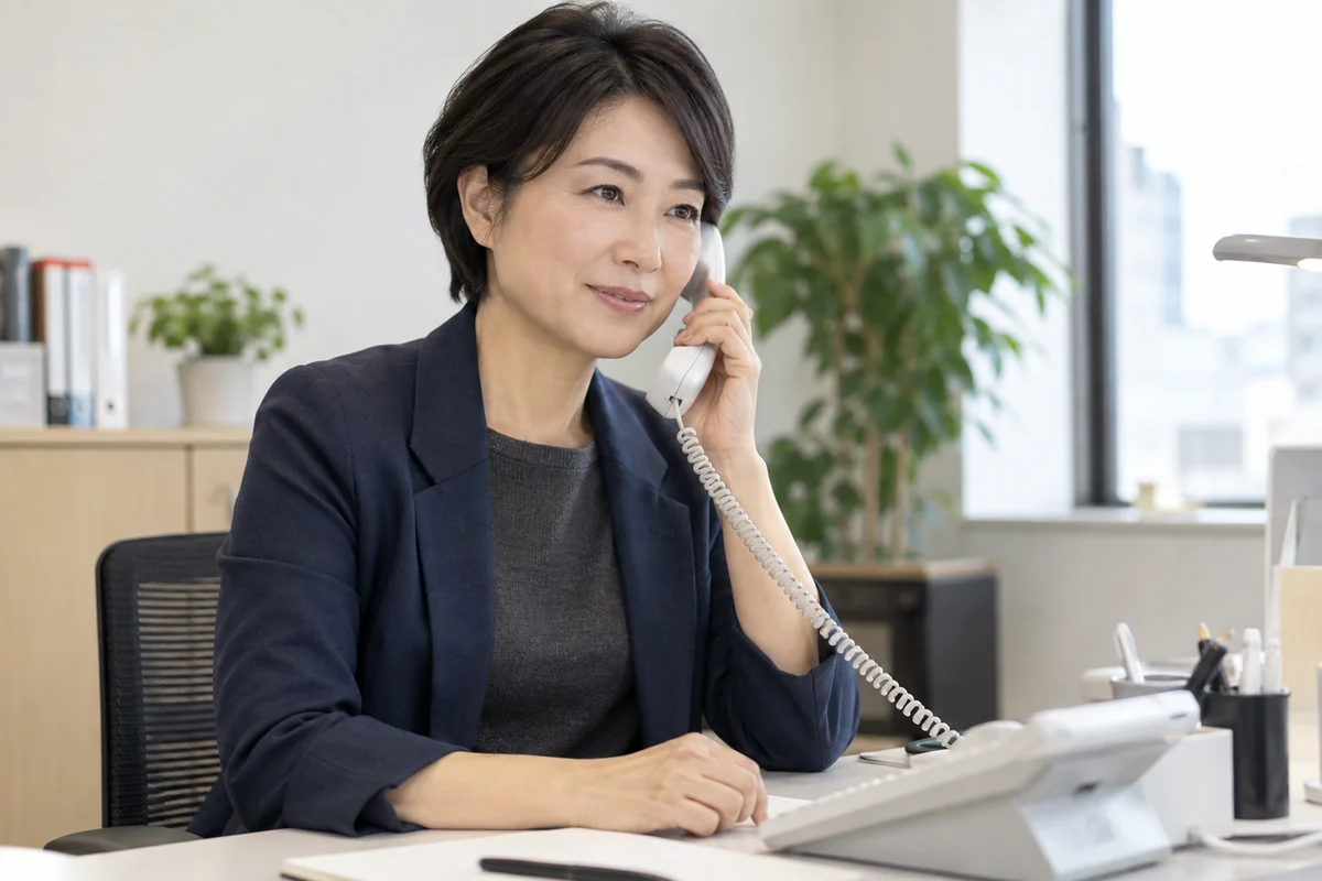 オフィスで電話の相談を受ける日本人女性