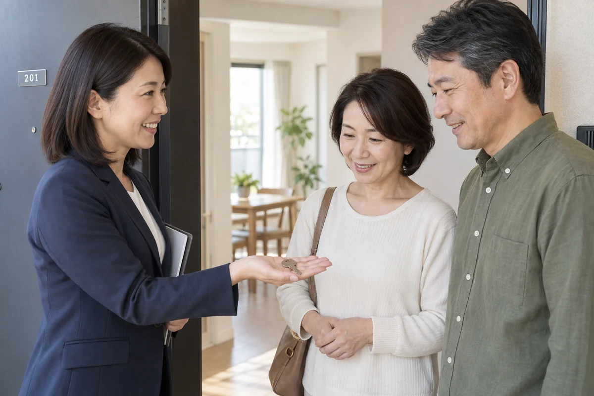 賃貸住宅の入口で住戸の鍵を受け取る日本人のご夫婦
