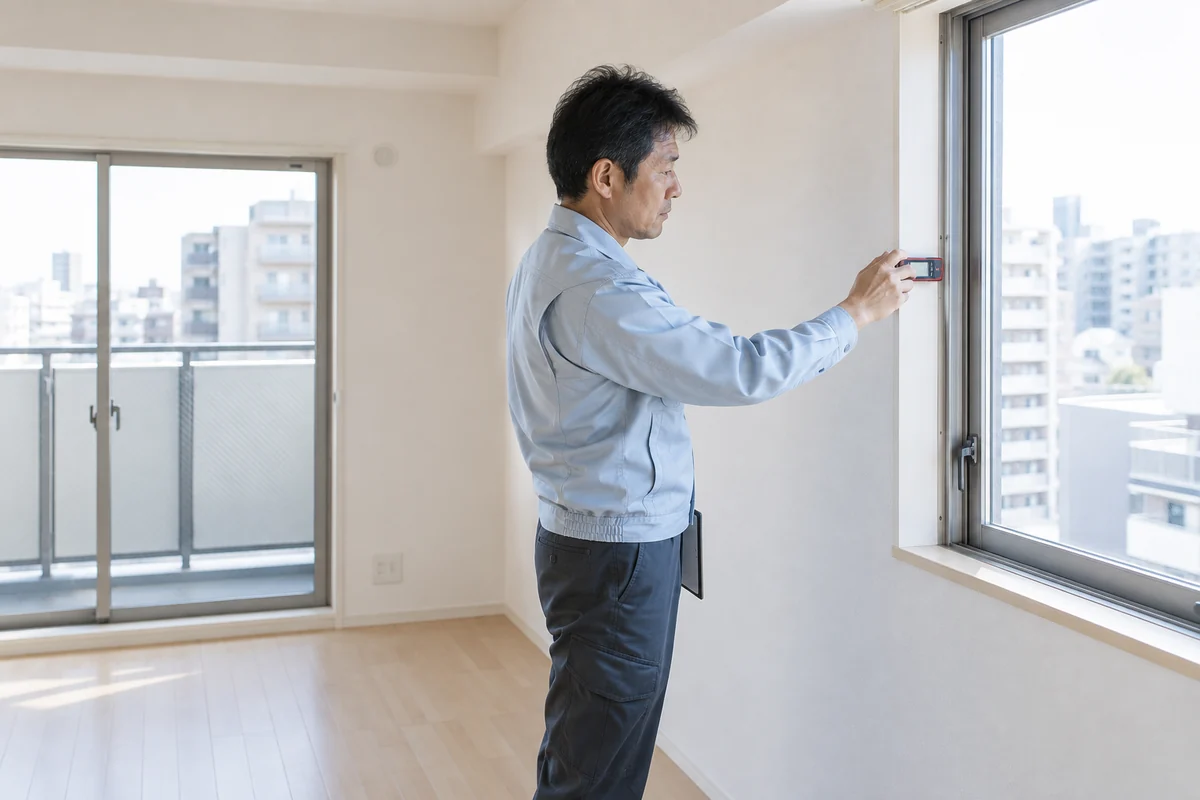 室内調査で窓の寸法を測る日本人の調査担当者