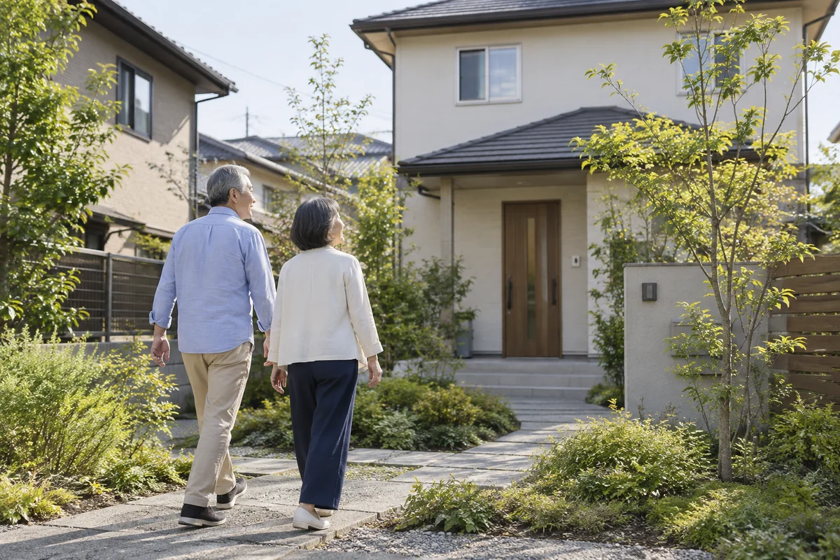 住宅街の庭先を一緒に歩く日本人のご夫婦