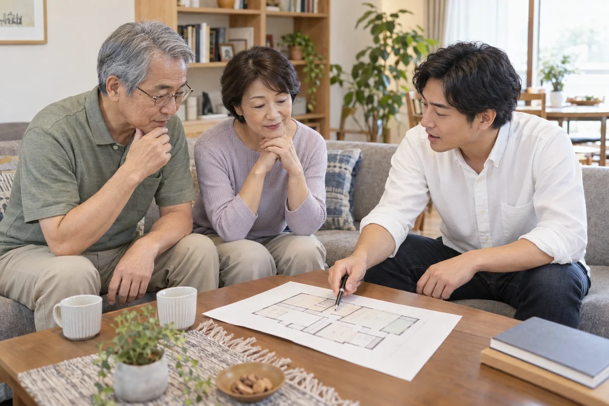 家の図面を囲み、これからの暮らしを話す日本人の家族
