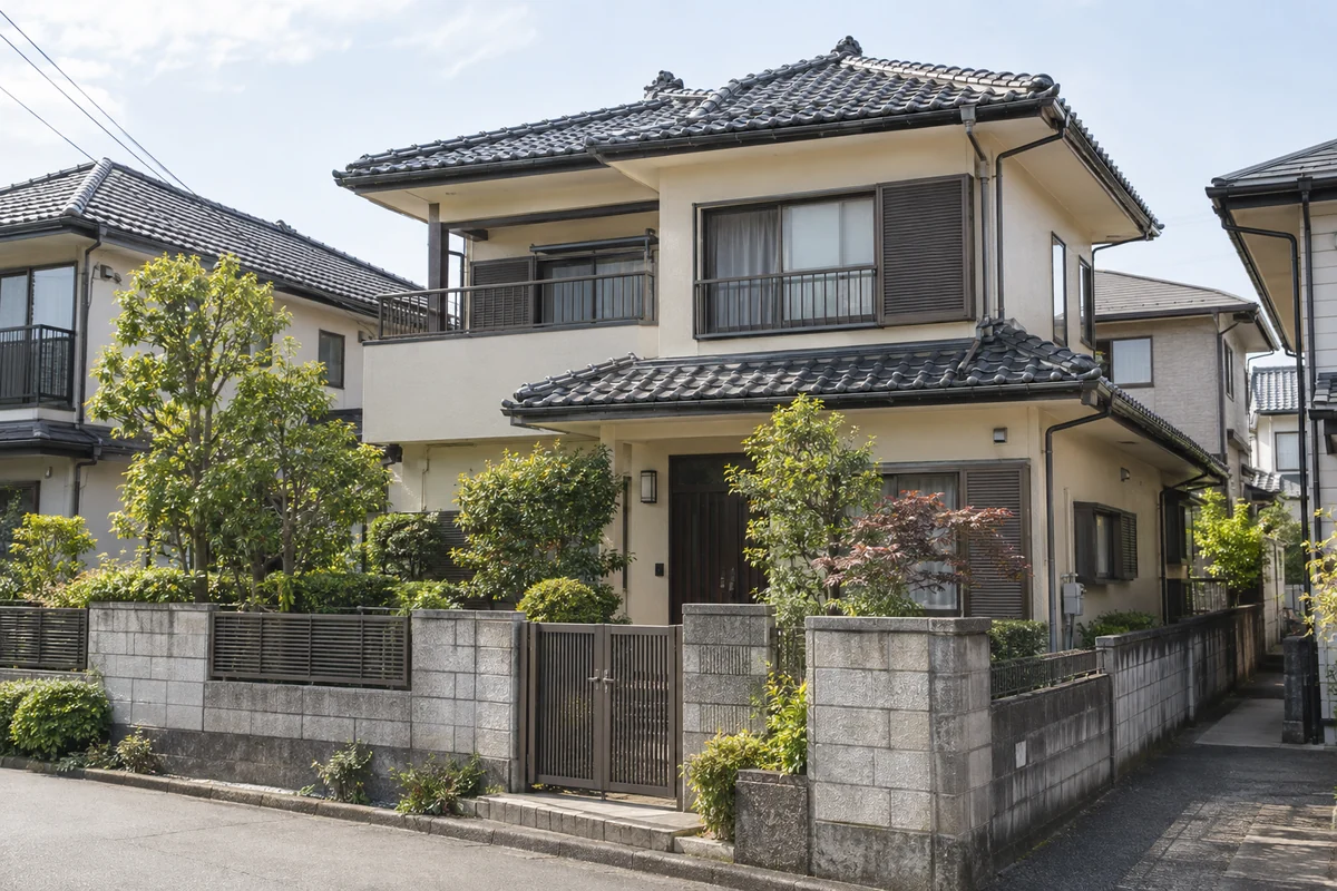 庭と門のある、手入れされた日本の戸建て住宅