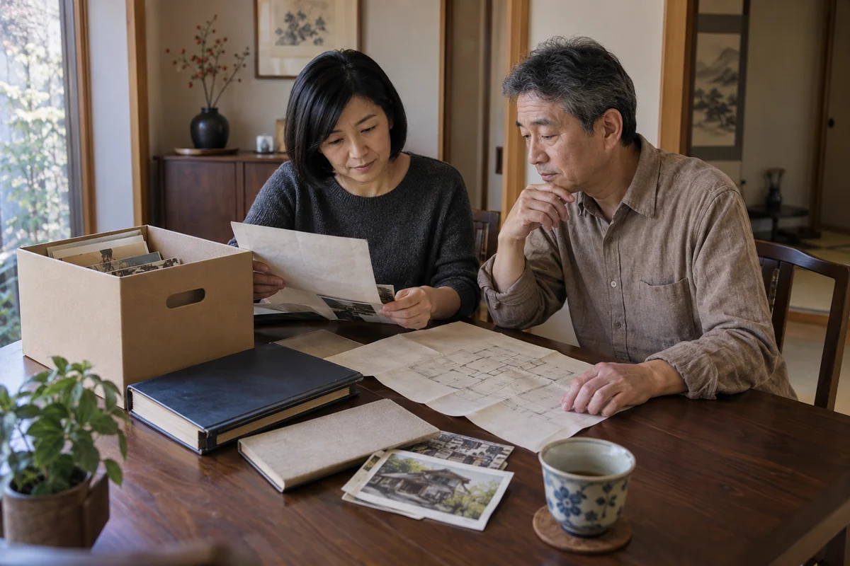 家族の住まいに関する書類を整理する日本人のきょうだい