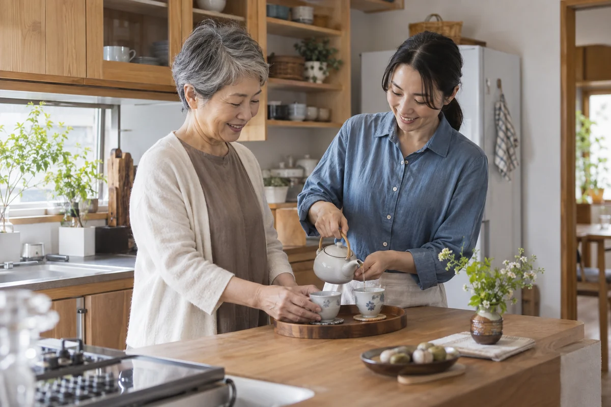 家族の住まいのキッチンでお茶を用意する日本人の母と娘