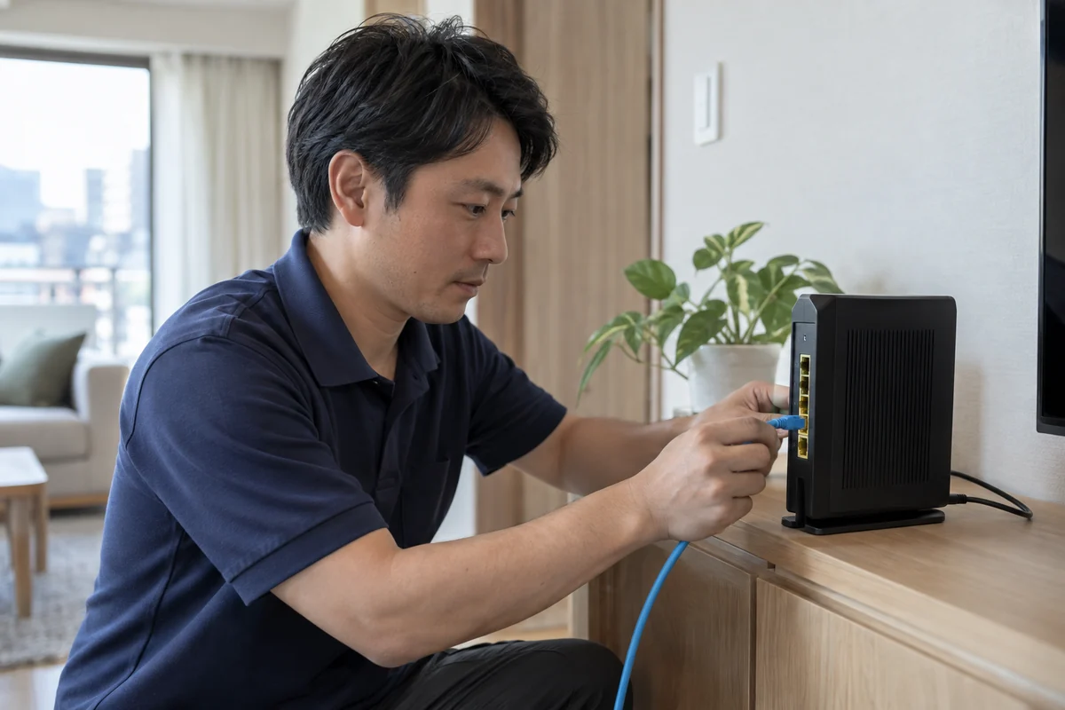 住戸内のルーターに通信ケーブルを接続する作業