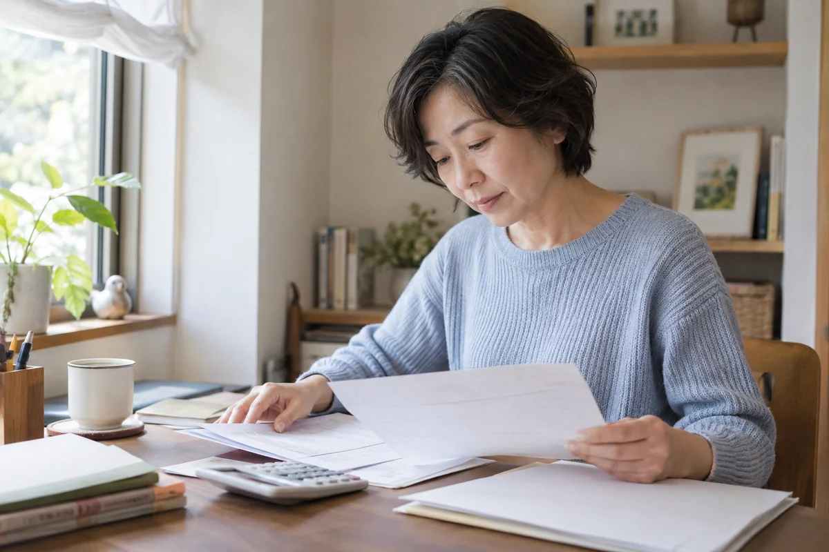 自宅の机で月々の収支書類を整理する日本人女性