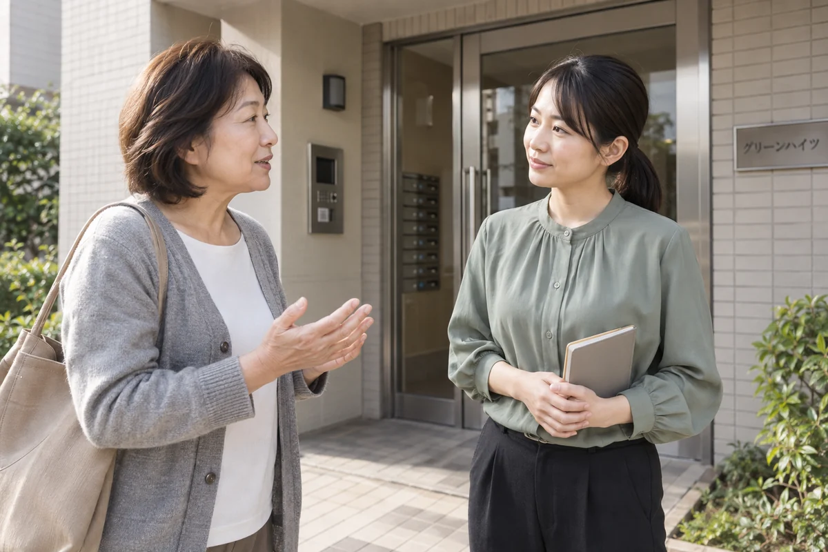 集合住宅の入口で住み心地について話す日本人女性たち