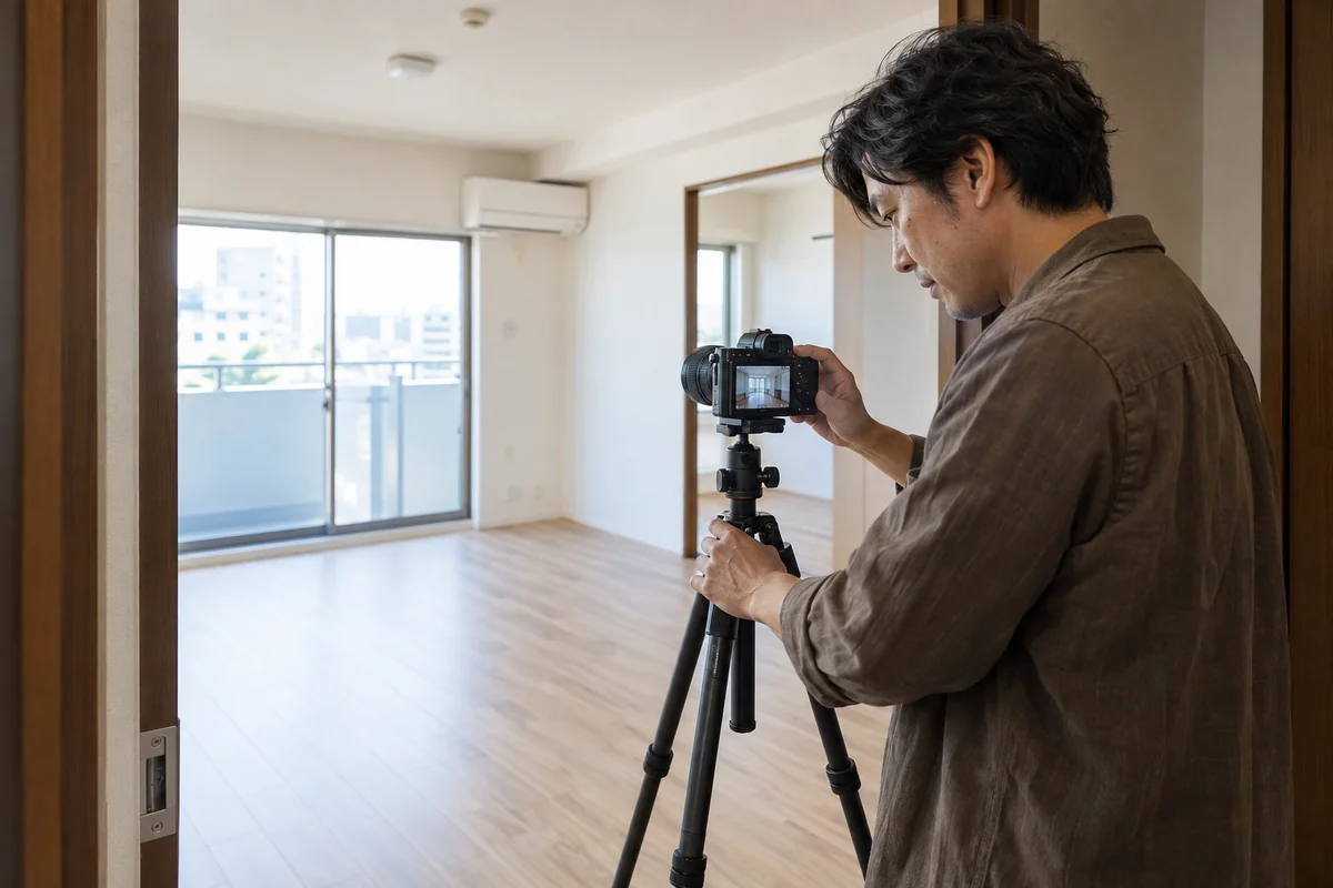 三脚を使い、賃貸住宅の室内を撮影する日本人の撮影者