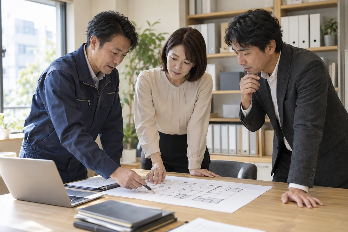 建物の図面を囲み、仲介・管理・修繕の連携を確認する人たち