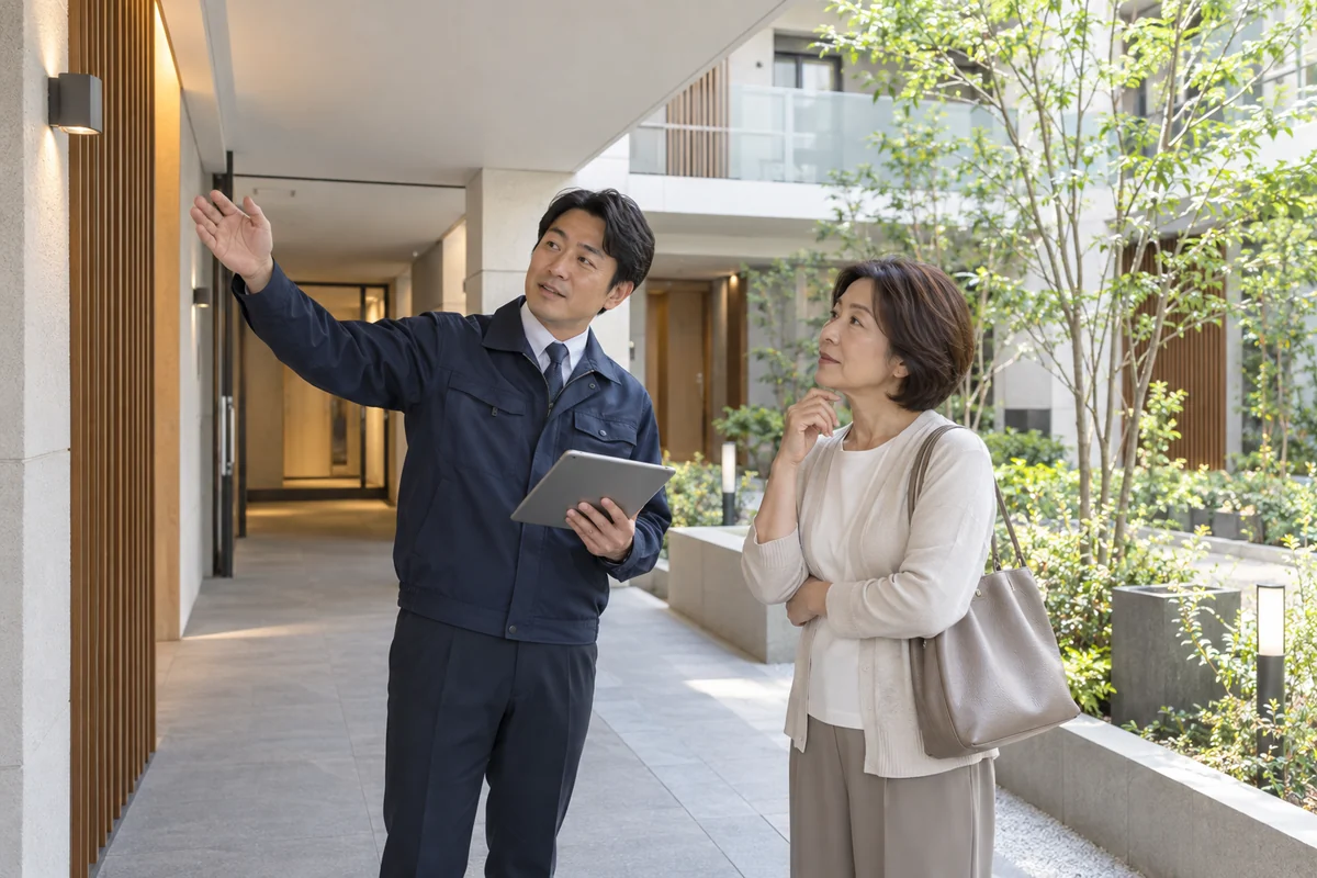 建物の状態を確認する日本人のオーナーと管理担当者