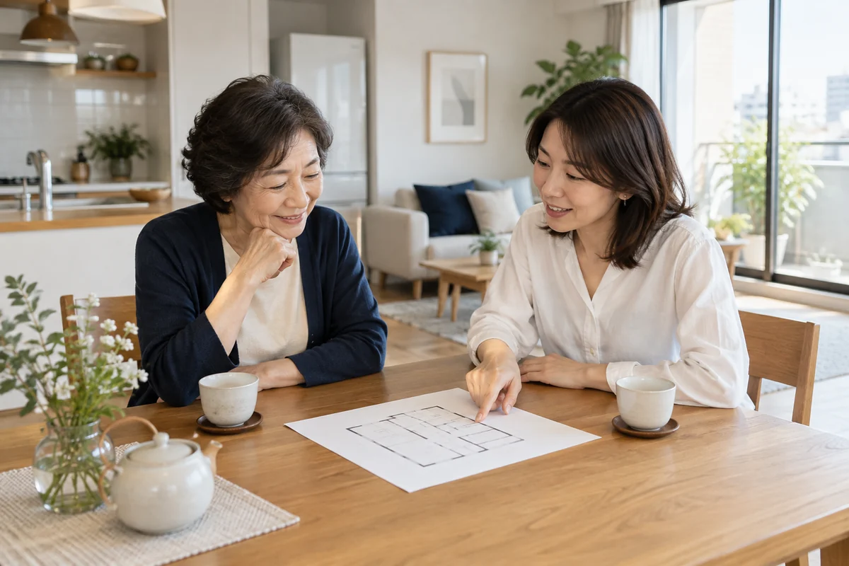 自宅のこれからについて話す日本人の親子