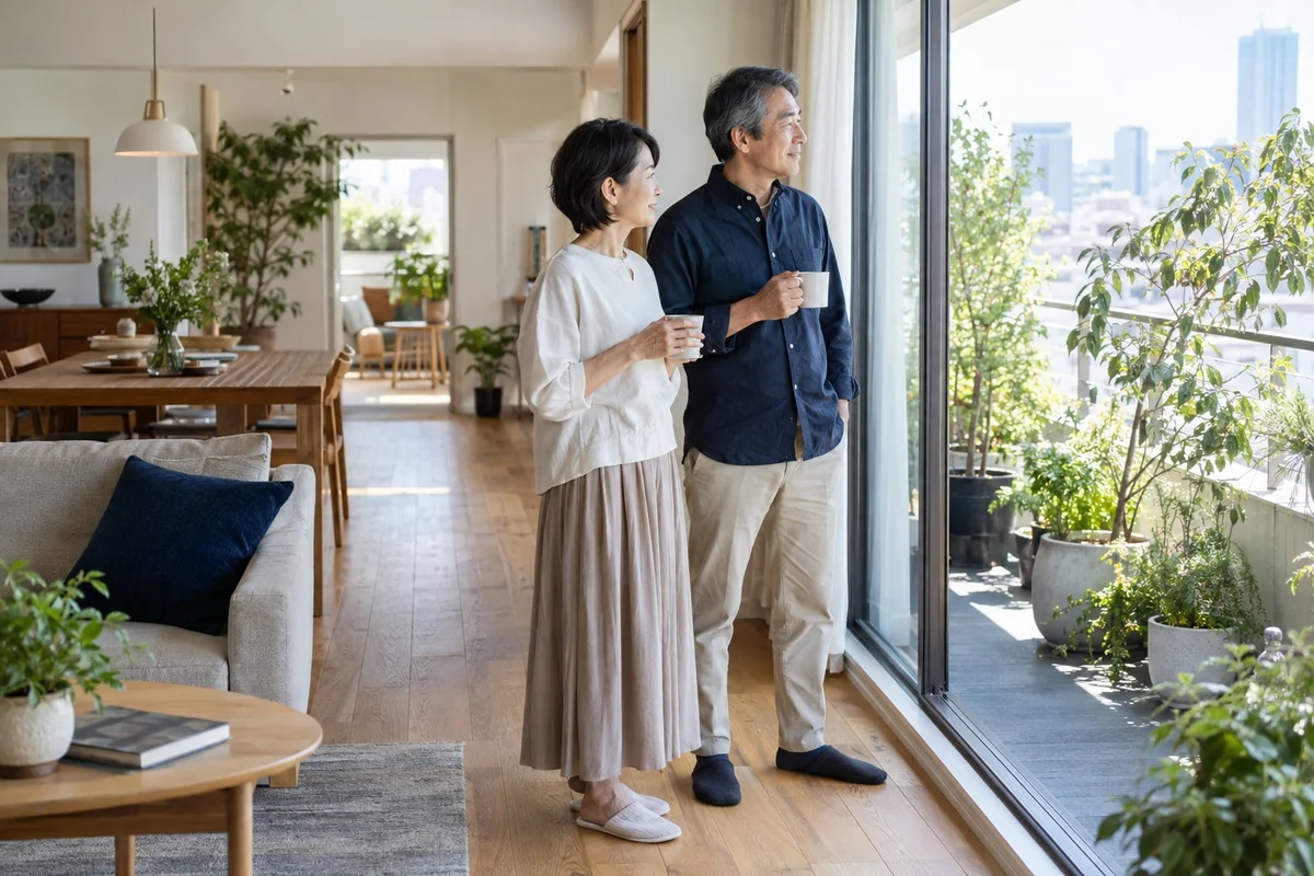 窓辺でこれからの暮らしを話す日本人のご夫婦