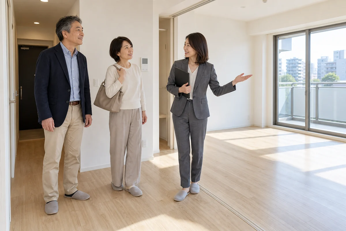 賃貸住宅の間取りを見ながら、案内役と話す日本人のご夫婦