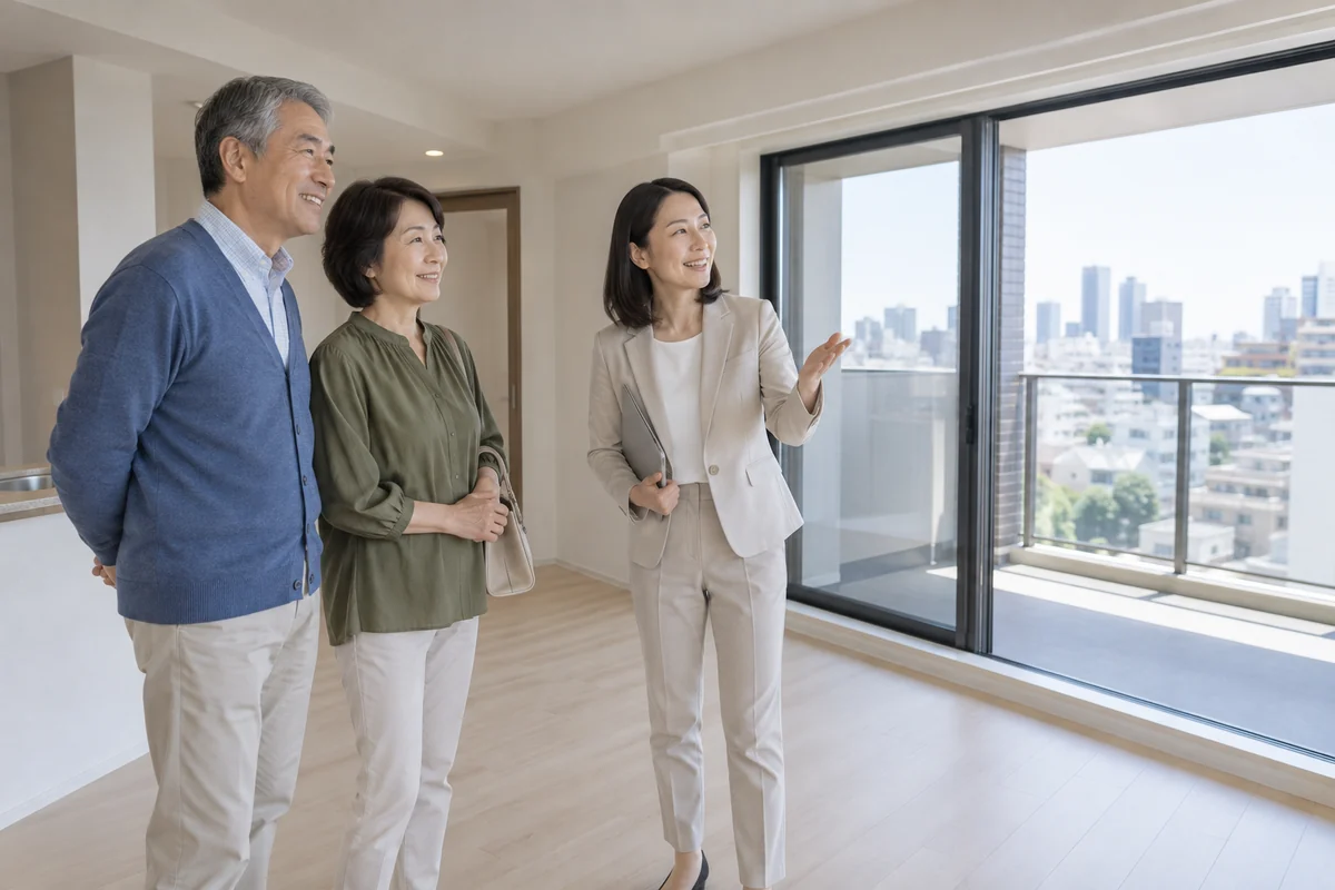 マンションの室内とバルコニーを確認する日本人のご夫婦と案内役