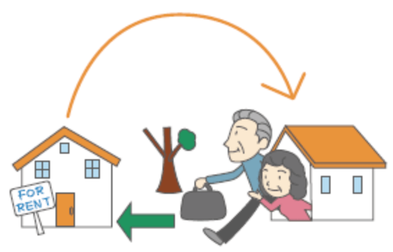住み替え先から、所有している家に戻るご夫婦のイラスト